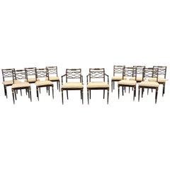 Rare Set of 12 Regency Ebonized and Parcel-Gilt Egyptian Revival Dining Chairs