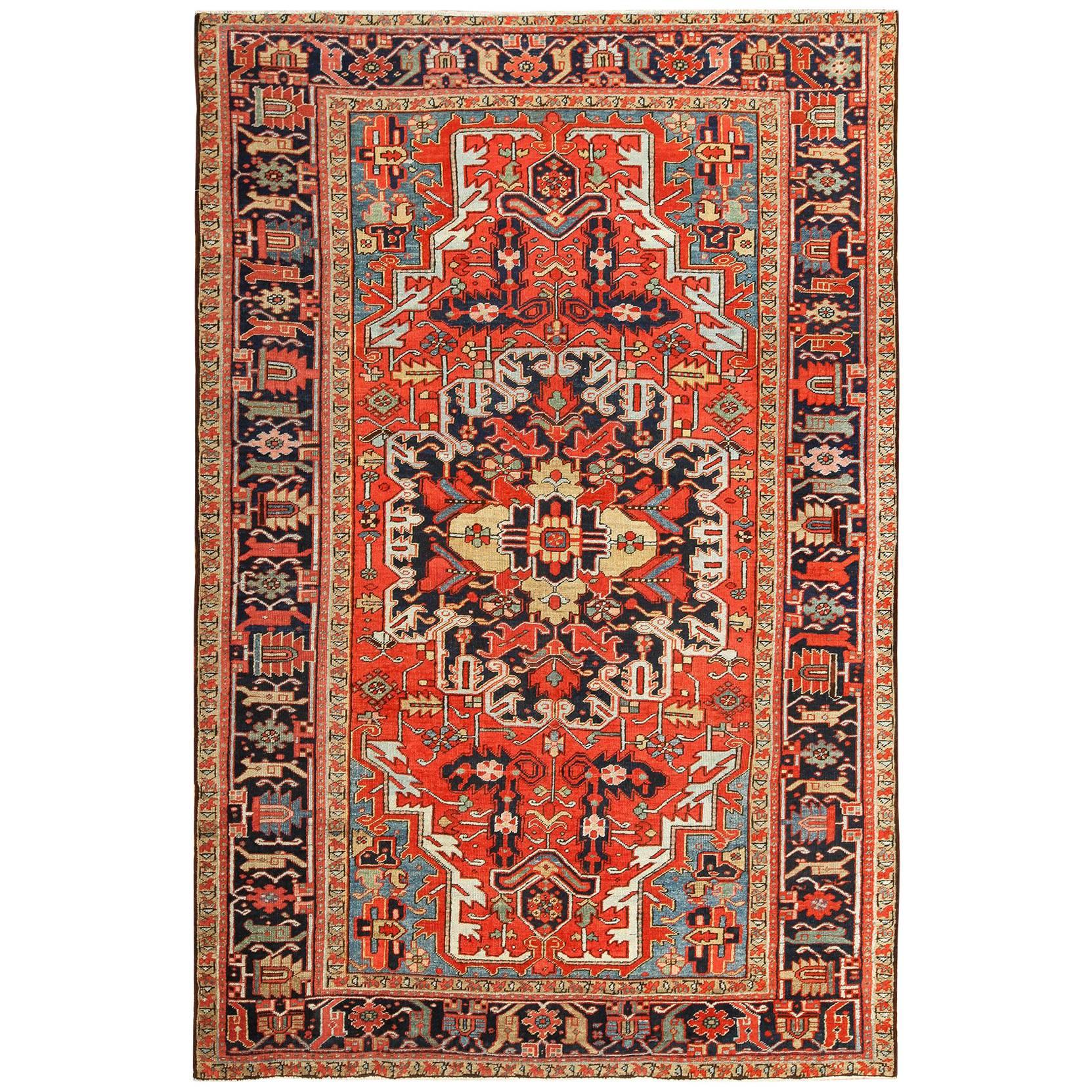 Antique Red Background Heriz Persian Rug. Size: 7 ft 2 in x 10 ft 10 in 