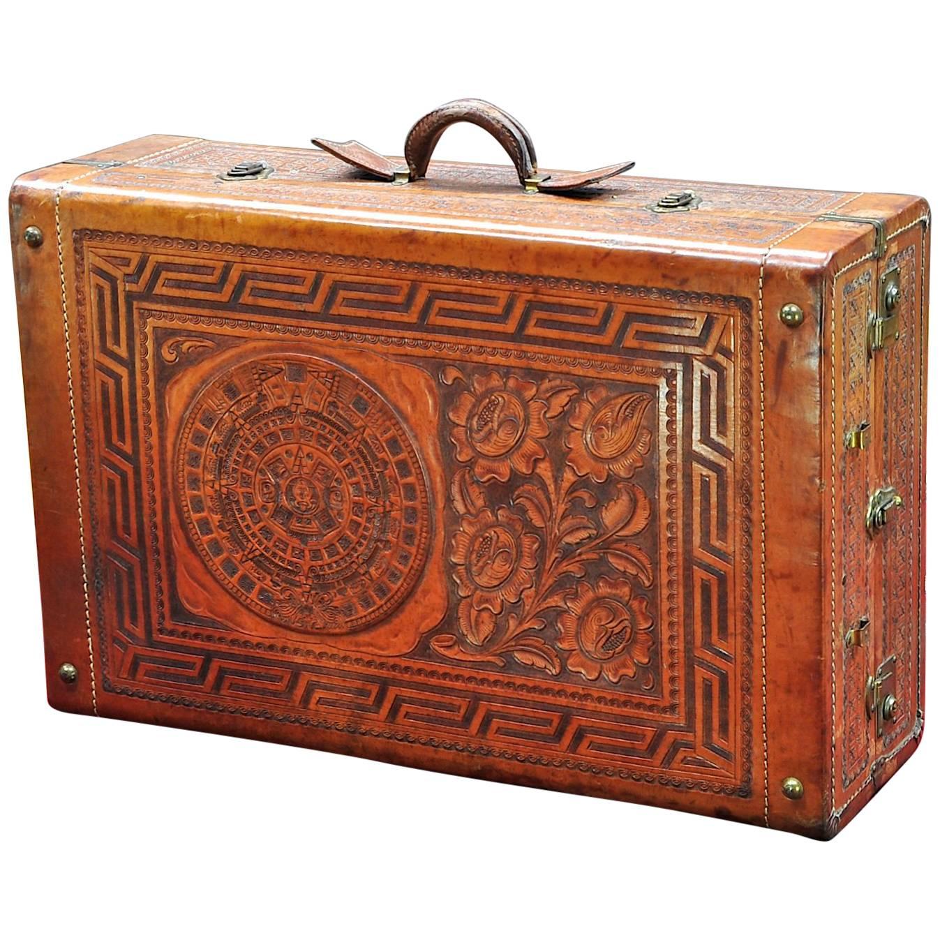 Vintage Mexican Craftsman Tooled Leather Wardrobe Suitcase