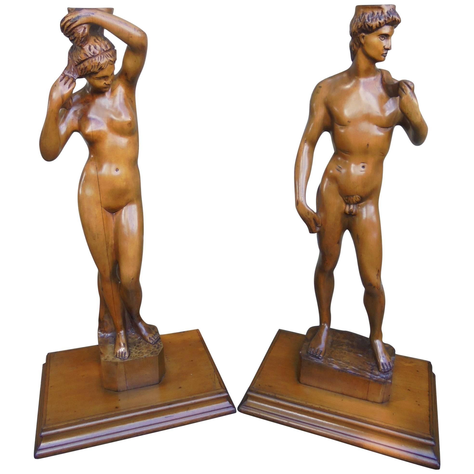 Pair of Antique Carved Wooden Figural Stands For Sale