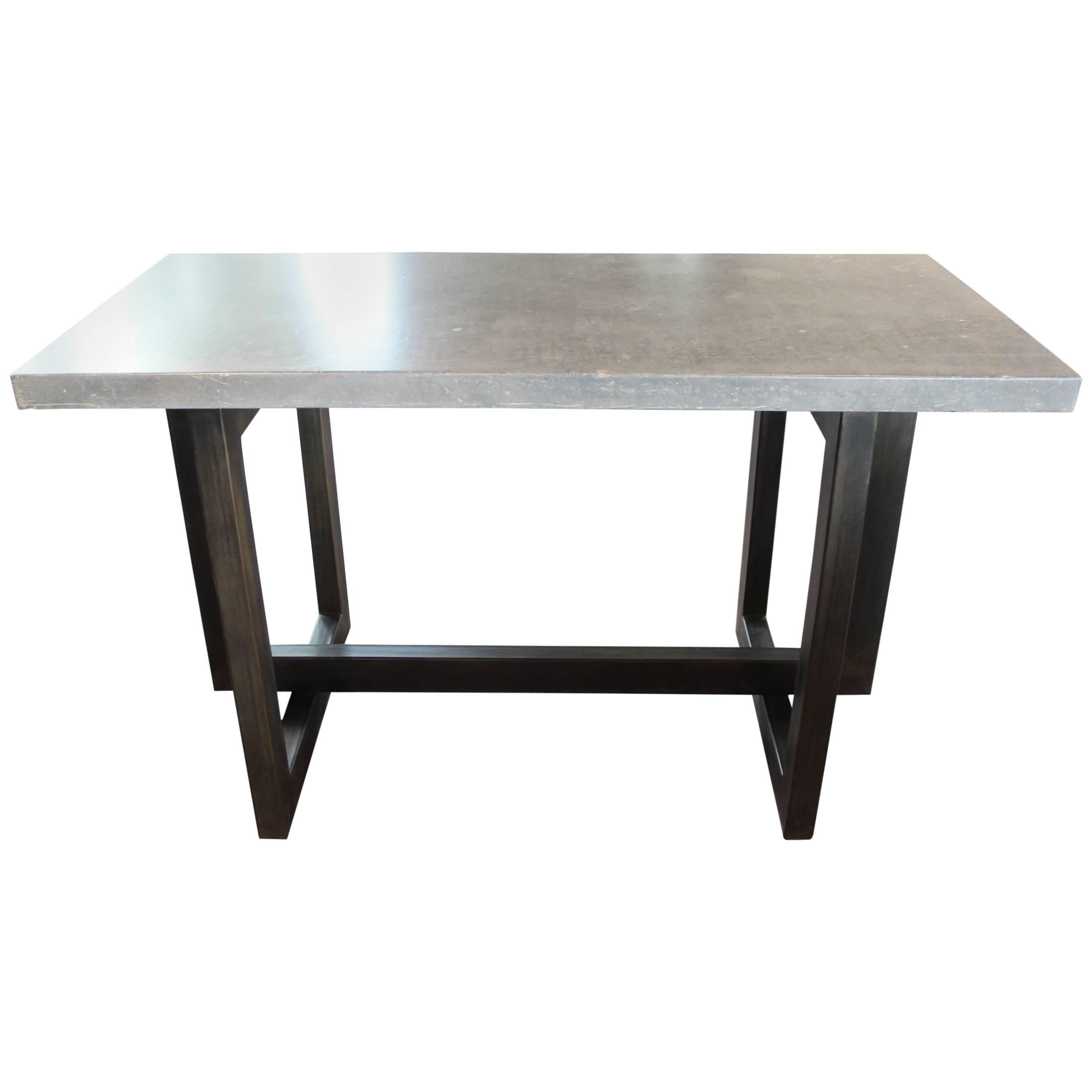 Geometric Form Patinated Steel Base with Archival Blue Stone Top