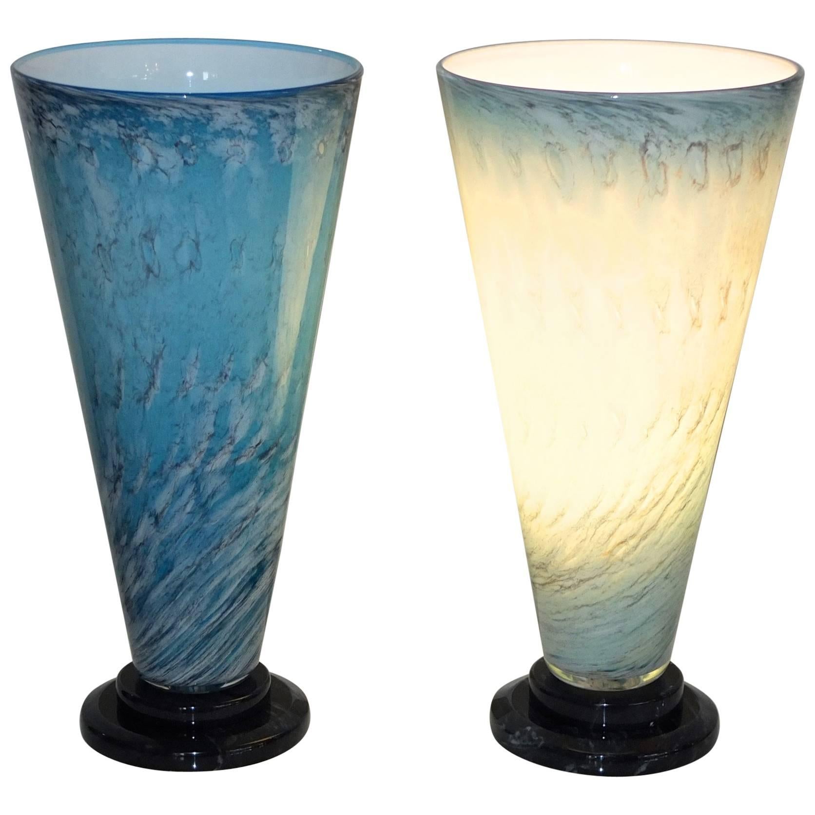 Pair of Art Glass Turquoise Blue V Lite Lamps, Signed 1989 For Sale