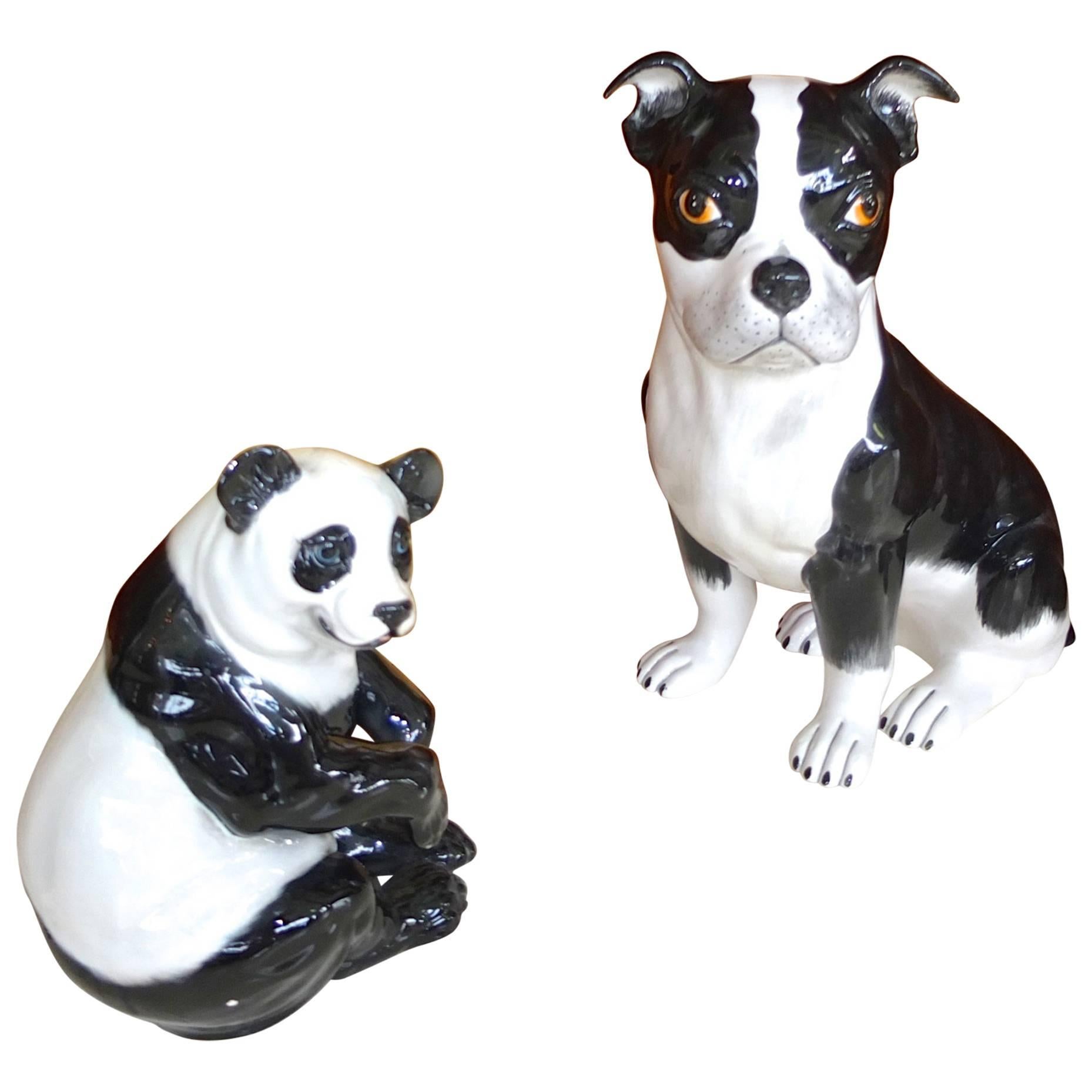Italian Ceramic Boston Terrier and Panda For Sale
