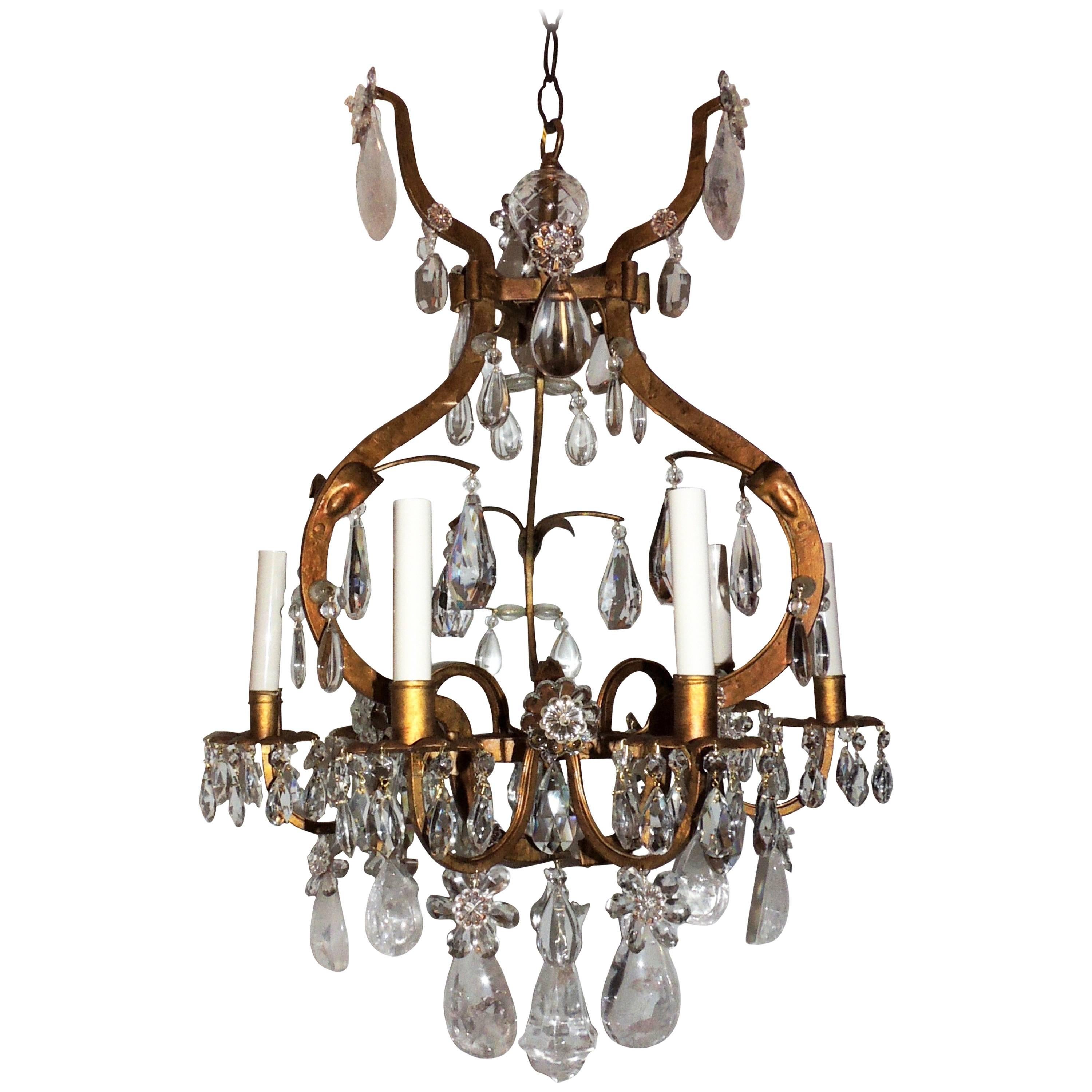 Gold Gilt Rock Crystal Bagues Chandelier Mid-Century Modern Light Flower Fixture For Sale