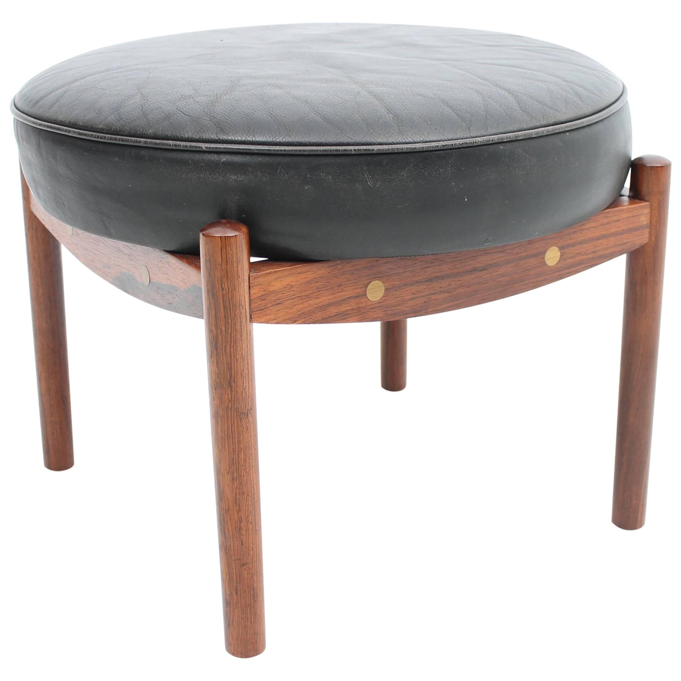 Black Leather Footstool with Rosewood Frame