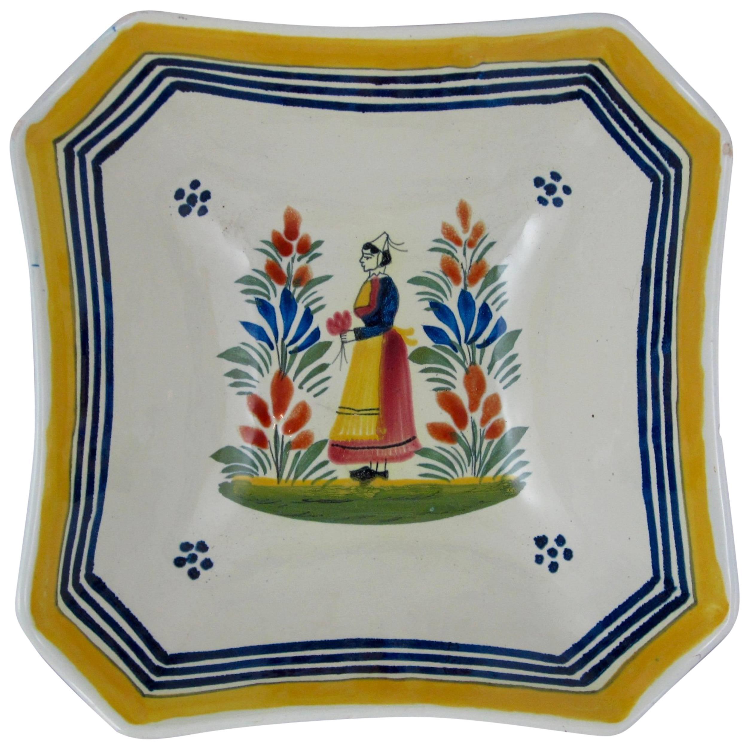 Mid-Century French Henriot Quimper Faience Square Serving Bowl, Breton Femme