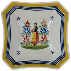 Mid-Century French Henriot Quimper Faience Square Serving Bowl, Breton Femme