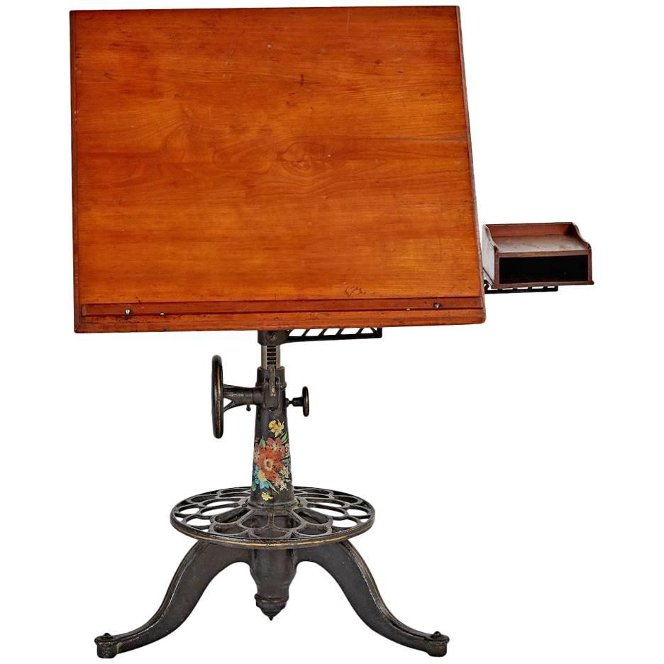 Drafting Table with Swing-Arm Cubby and Hand-Painted Details, circa 1890s