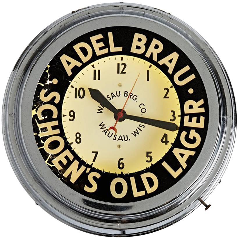 Incredible Adel Brau Beer Neon Advertisement Clock, circa 1940s