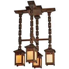 Impressive Oak Four-Lantern Arts & Crafts Chandelier, circa 1915