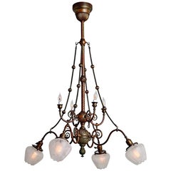 Remarkable Red Brass Eight-Light Transitional Chandelier, circa 1900