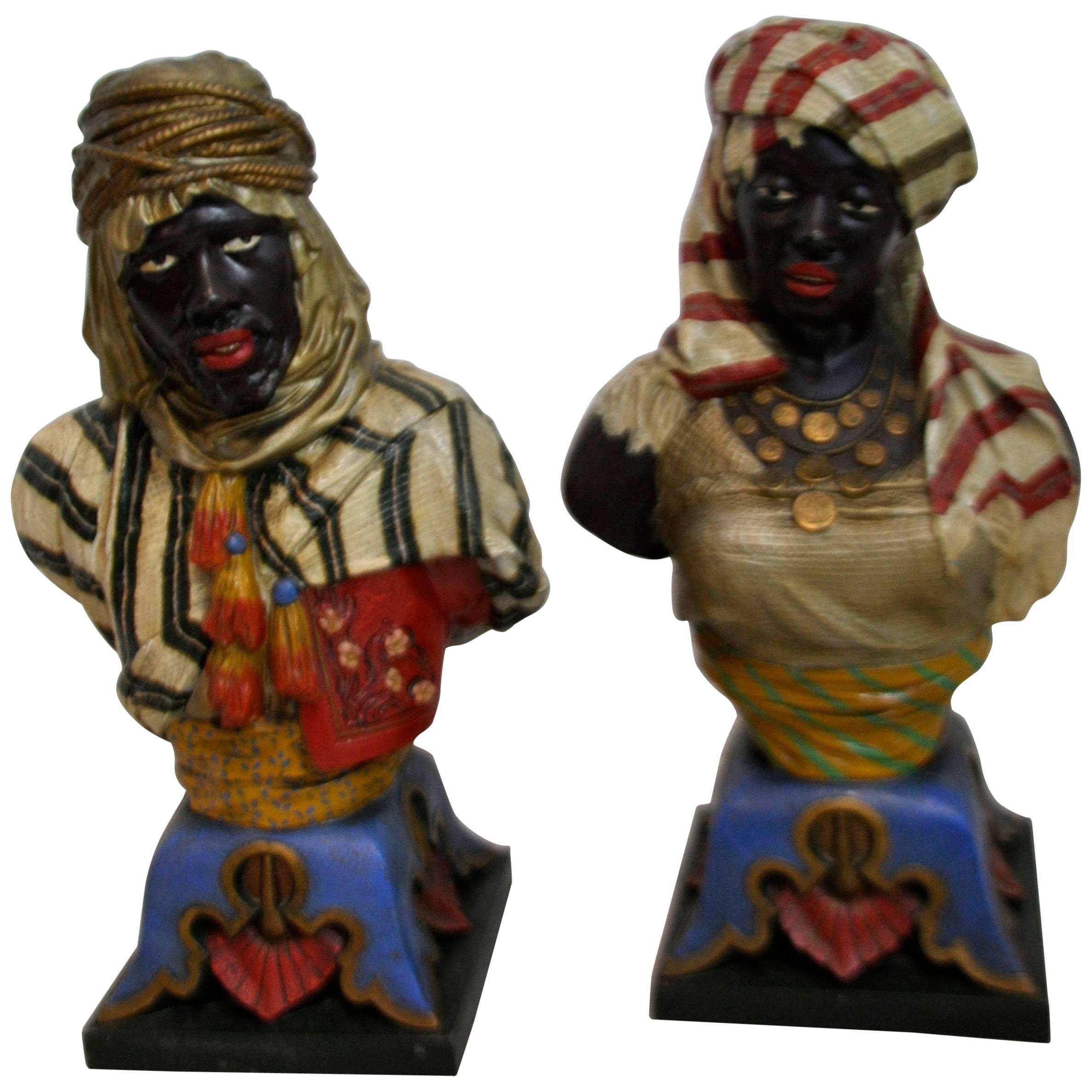 Pair of 19th Century Spelter Cold-Painted Busts of Middle Eastern Figures For Sale