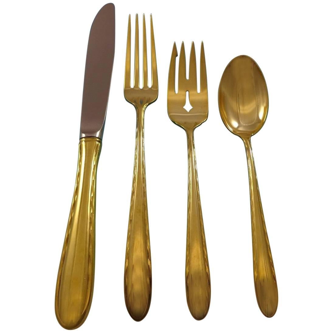 Silver Flutes Gold by Towle Sterling Silver Flatware Set for 8 Service Vermeil For Sale