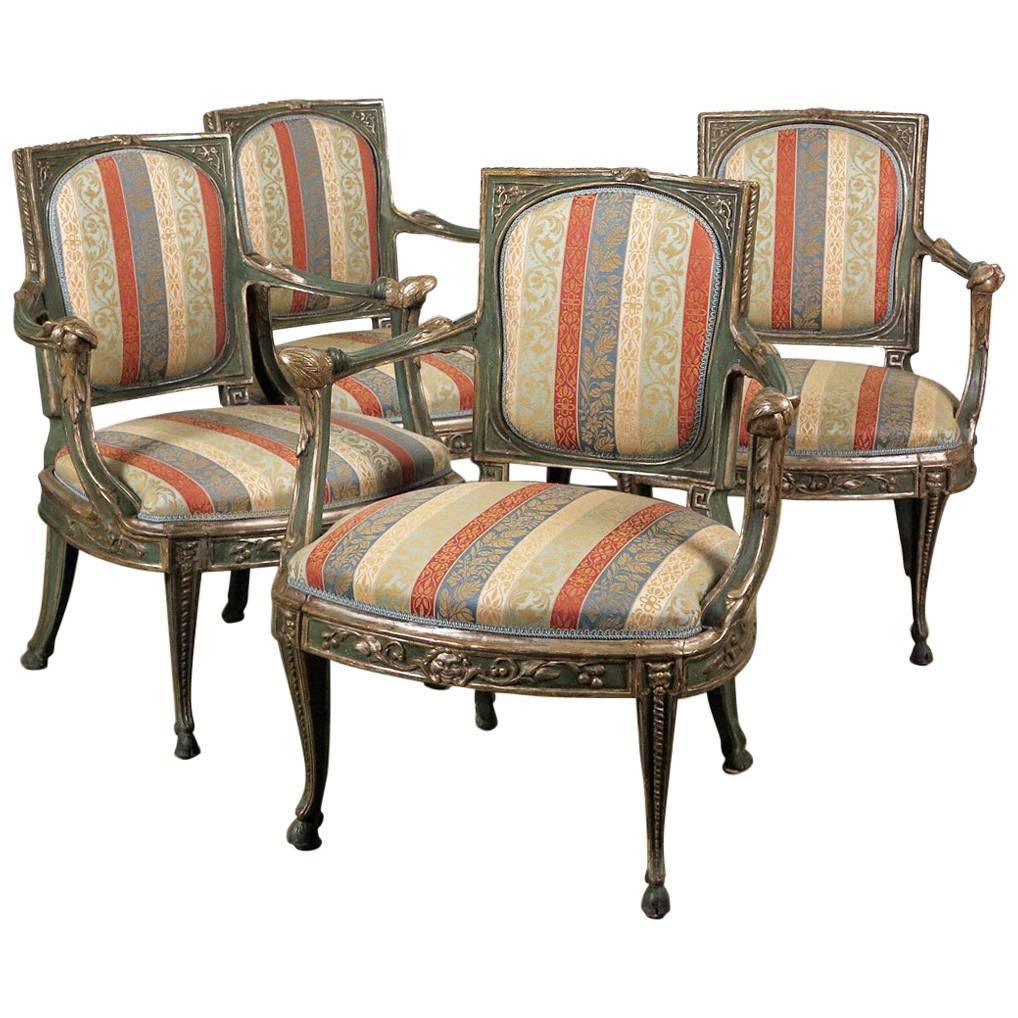 Fine Set of Four South Italian Green-Painted and Parcel-Silvered Armchairs