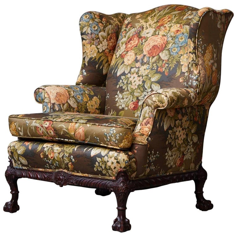 Late 19th Century Chippendale Mahogany Wing Back Chair with Claw and