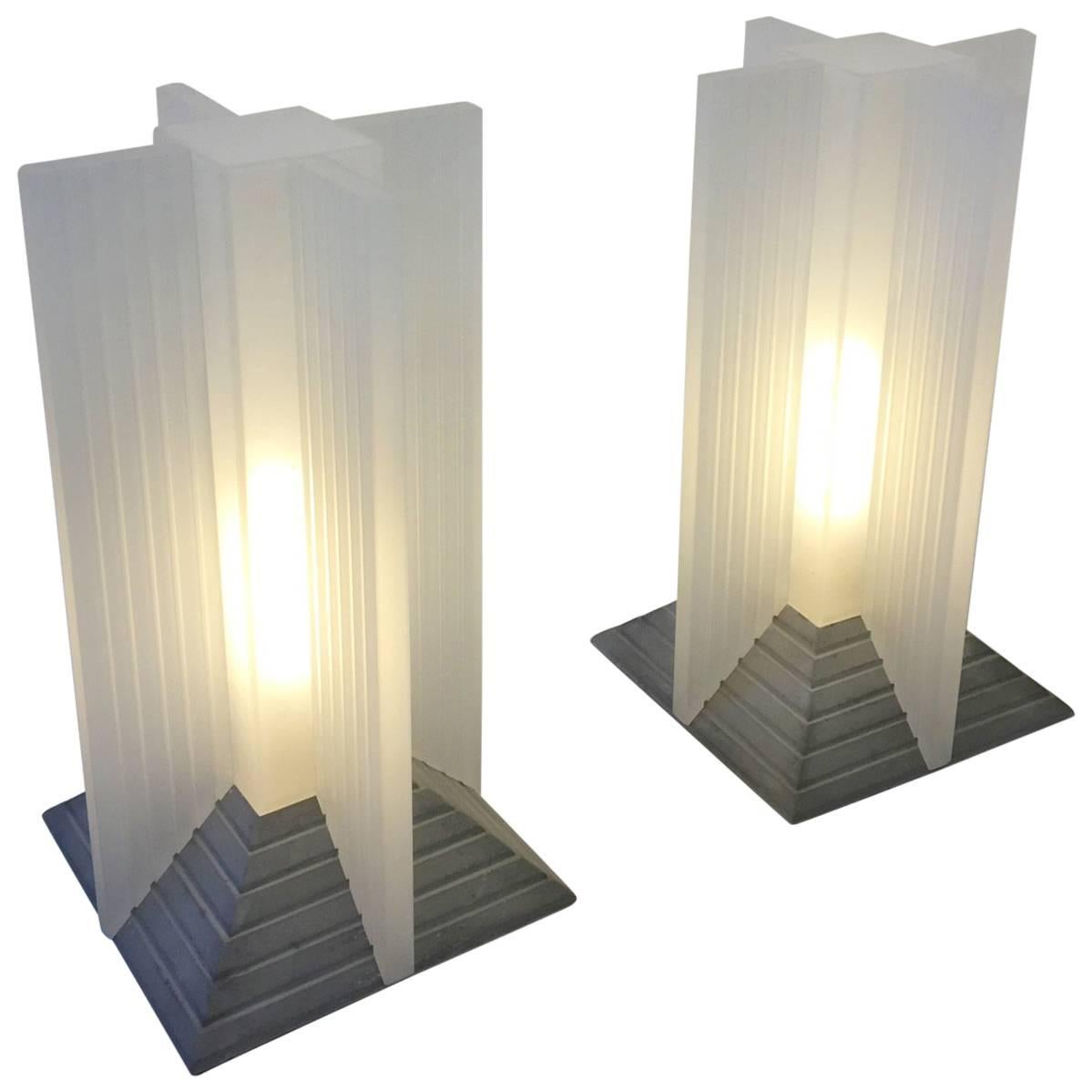 Pair of Acrylic and Cement Memphis Table Lamps 
