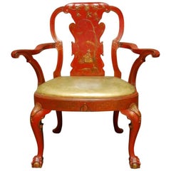 Chinese Chippendale Style Red Lacquer Chinoiserie Armchair 