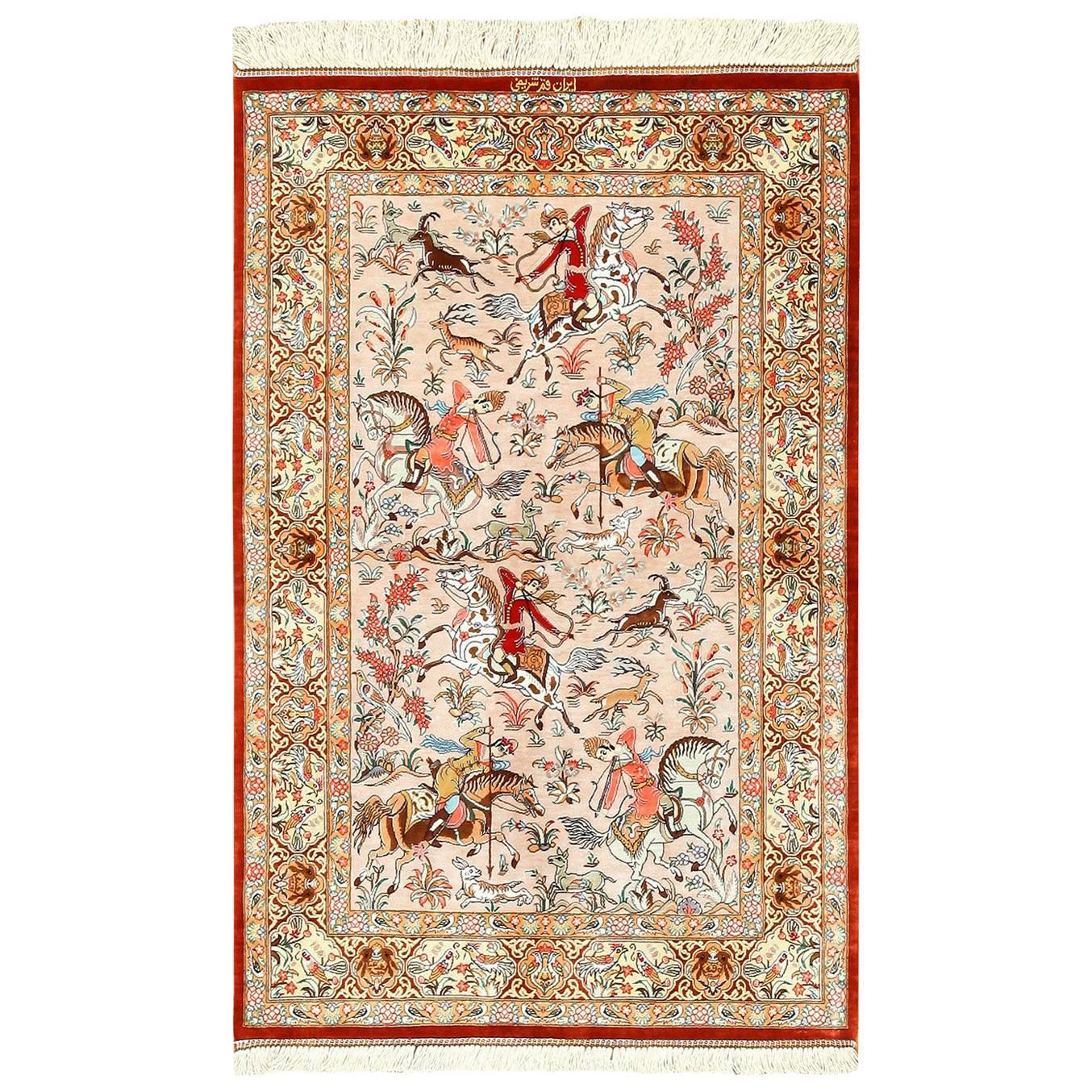 Hunting Scene Modern Silk Persian Qum Rug. Size: 2 ft 7 in x 4 ft