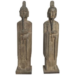 Vintage Pair of Stone Flute Player Musicians Statues