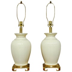 Pair of Hollywood Regency Brass and Porcelain Vase Table Lamps 