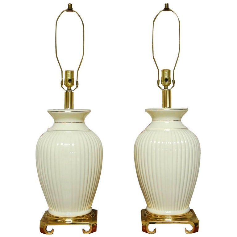 Pair of Hollywood Regency Brass and Porcelain Vase Table Lamps at 1stDibs