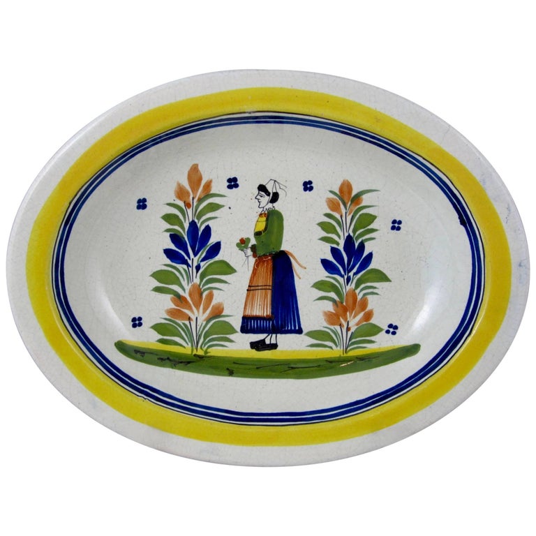 Bol Vide-Poche Mural Ancien Henriot Quimper 73 – Bretonne Fond Jaune Soleil