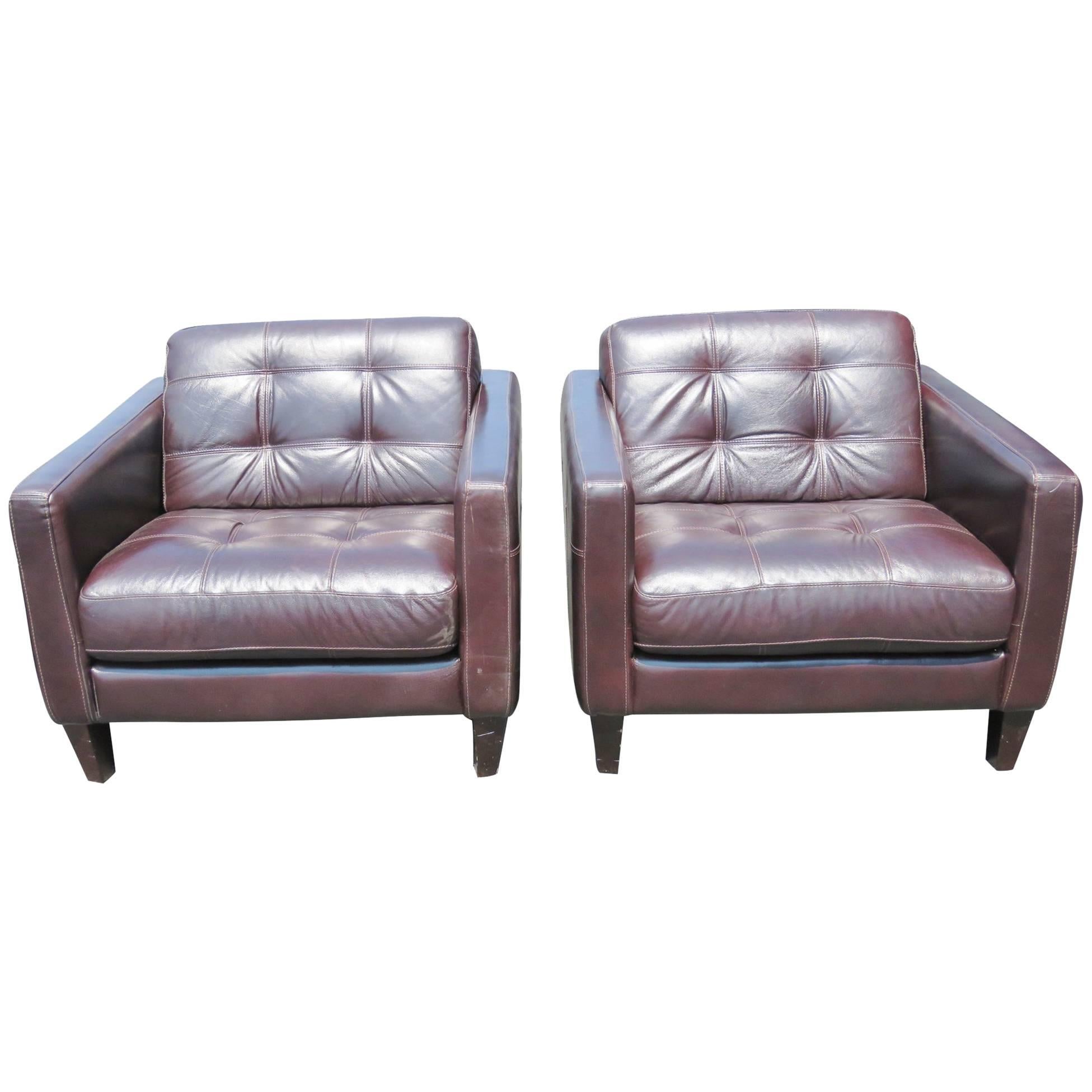 Pair of Custom Modern Design Leather Tufted Lounge Chairs