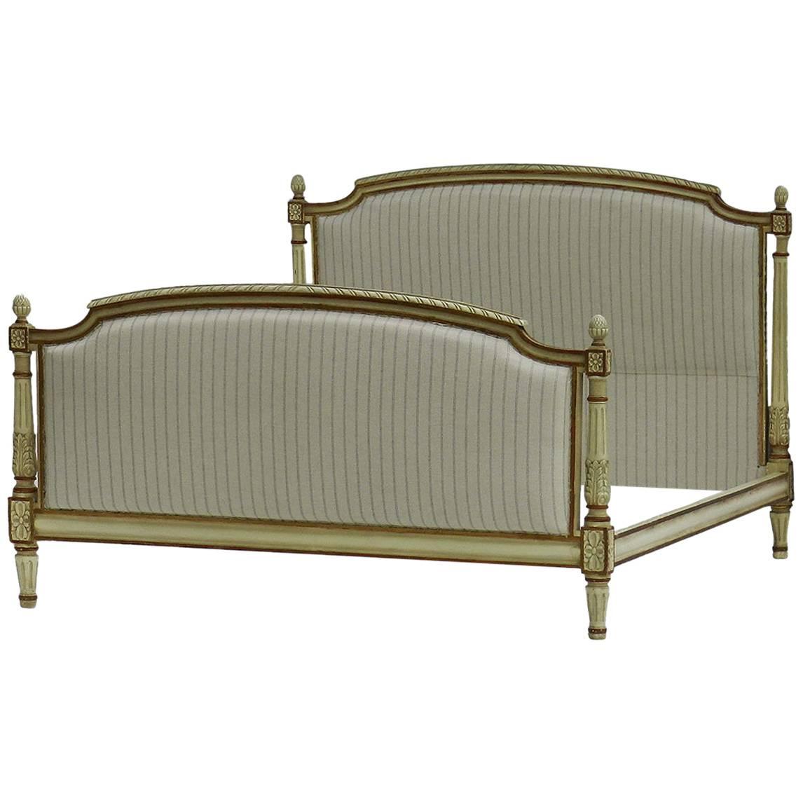 French Bed and Base Newly Upholstered Original Paint, Early 20th Century 