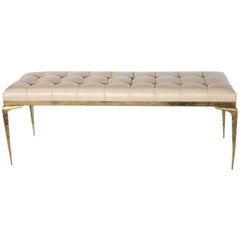 Midcentury Italian Gio Ponti Style Tufted Leather and Brass Bench