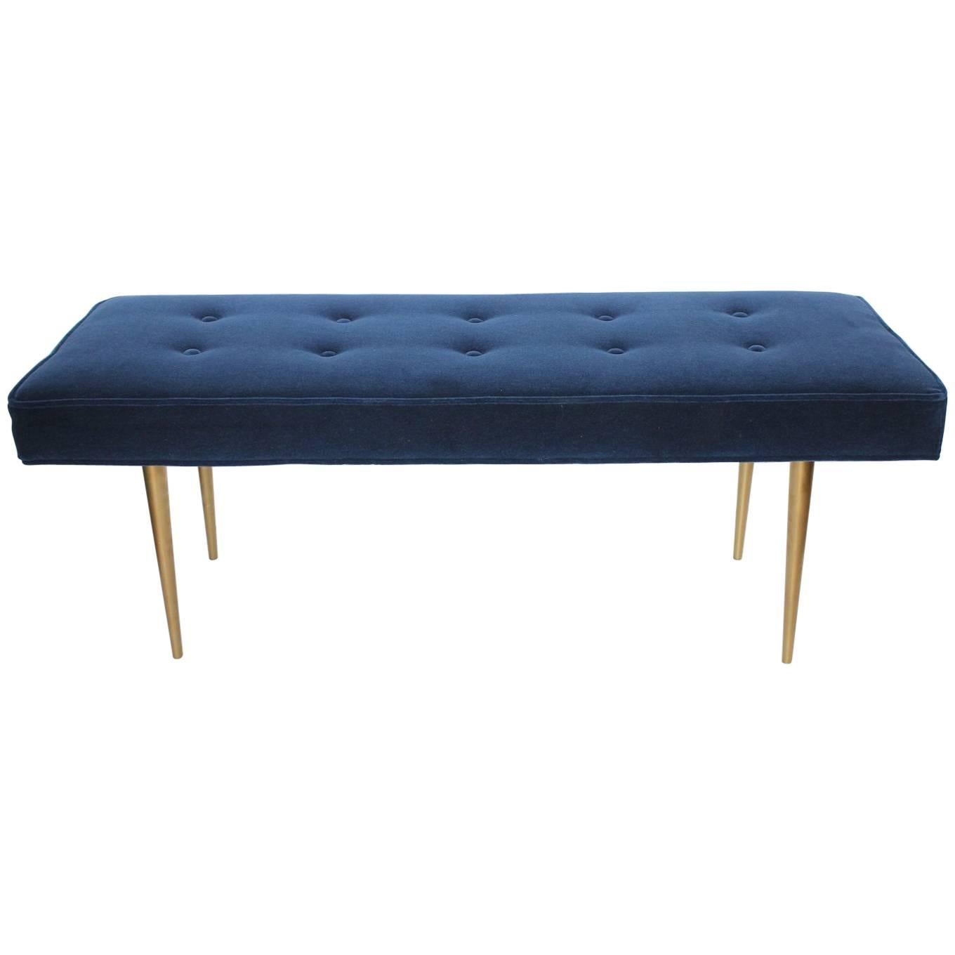 Midcentury Italian Gio Ponti Style Mohair and Brass Bench For Sale