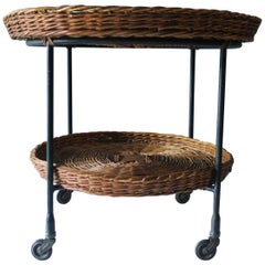 Vintage Bamboo and Iron Serving Cart with Glass Inlay