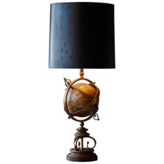 Brass Armillary Table Lamp with Rotating Terrestrial Glass Globe, circa 1940s