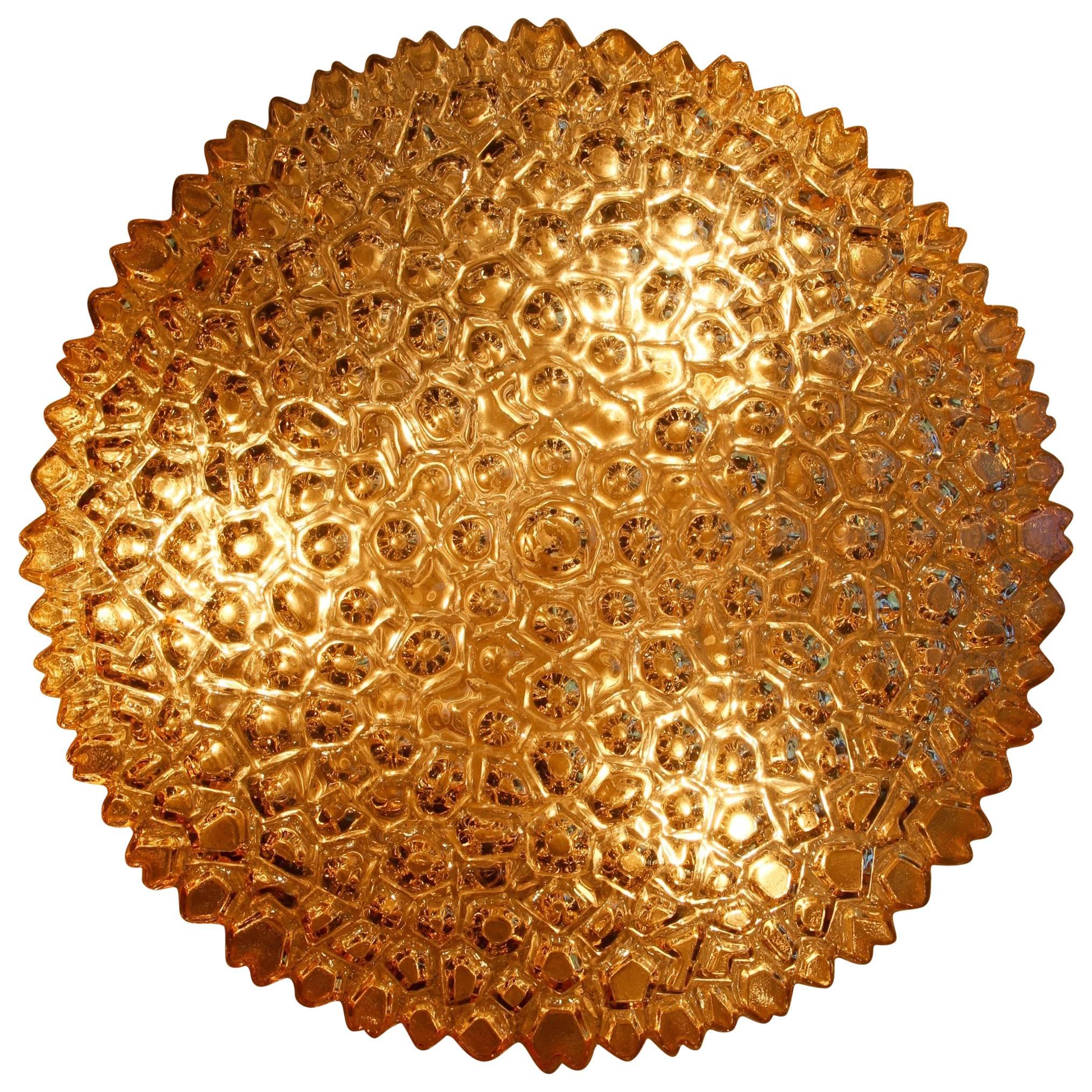 Large 1970s Organic Textured Amber Toned Ice Glass Flush Mount by Limburg