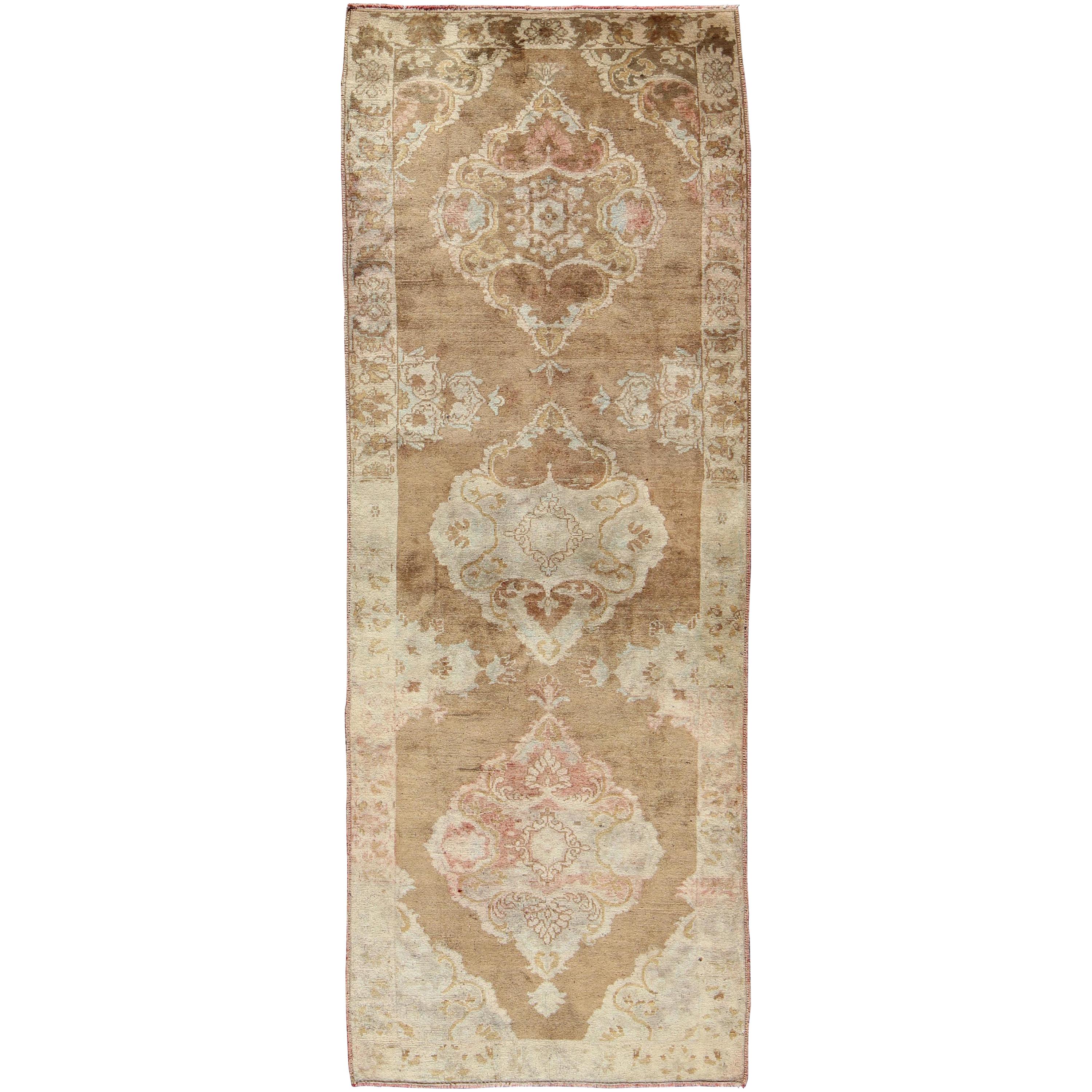 Vintage Turkish Oushak Runner with Floral Medallions in Light Brown and Ivory