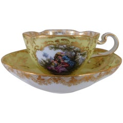 Antique 19th Century Meissen Porcelain Quarter Foil Canary Yellow Cup and Saucer 