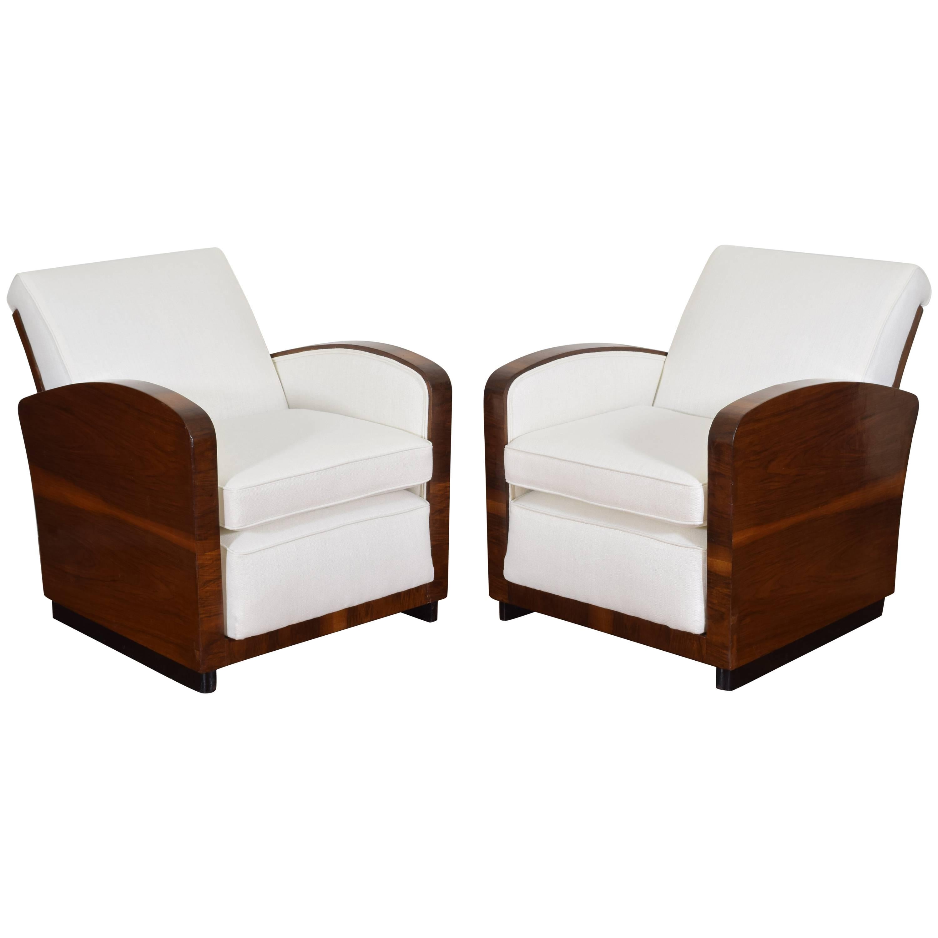 Pair of Italian Art Deco Walnut Veneer and Upholstered Club Chairs, 20th Century