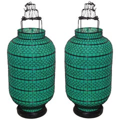 Pair of Asian Green Linen Hand-Wired Linen Lanterns