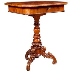 Antique 19th Century English Side Table in Walnut and Burl Walnut on Center Pedestal