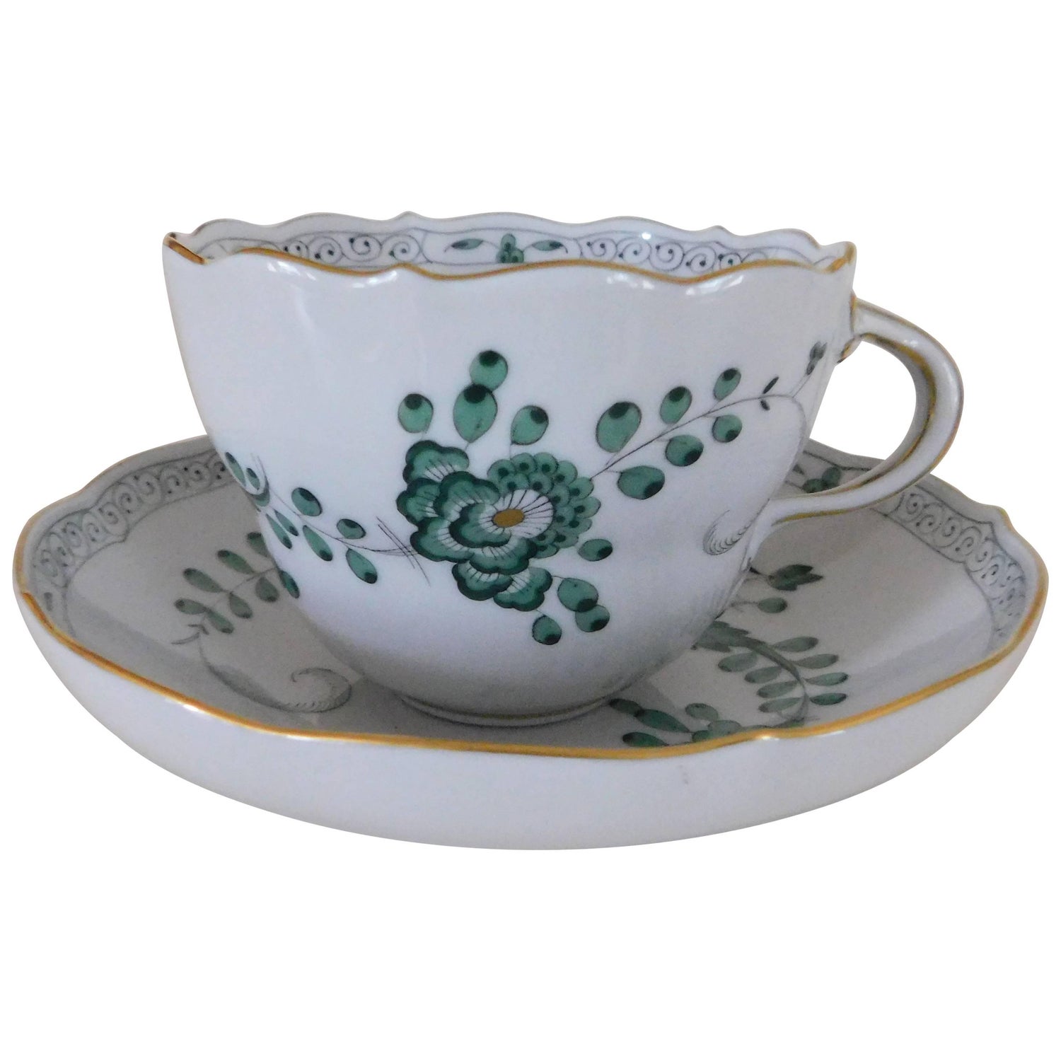 Meissen Porcelain Green Indian Flowers Large Cup and Saucer, 20th Century For  Sale at 1stDibs