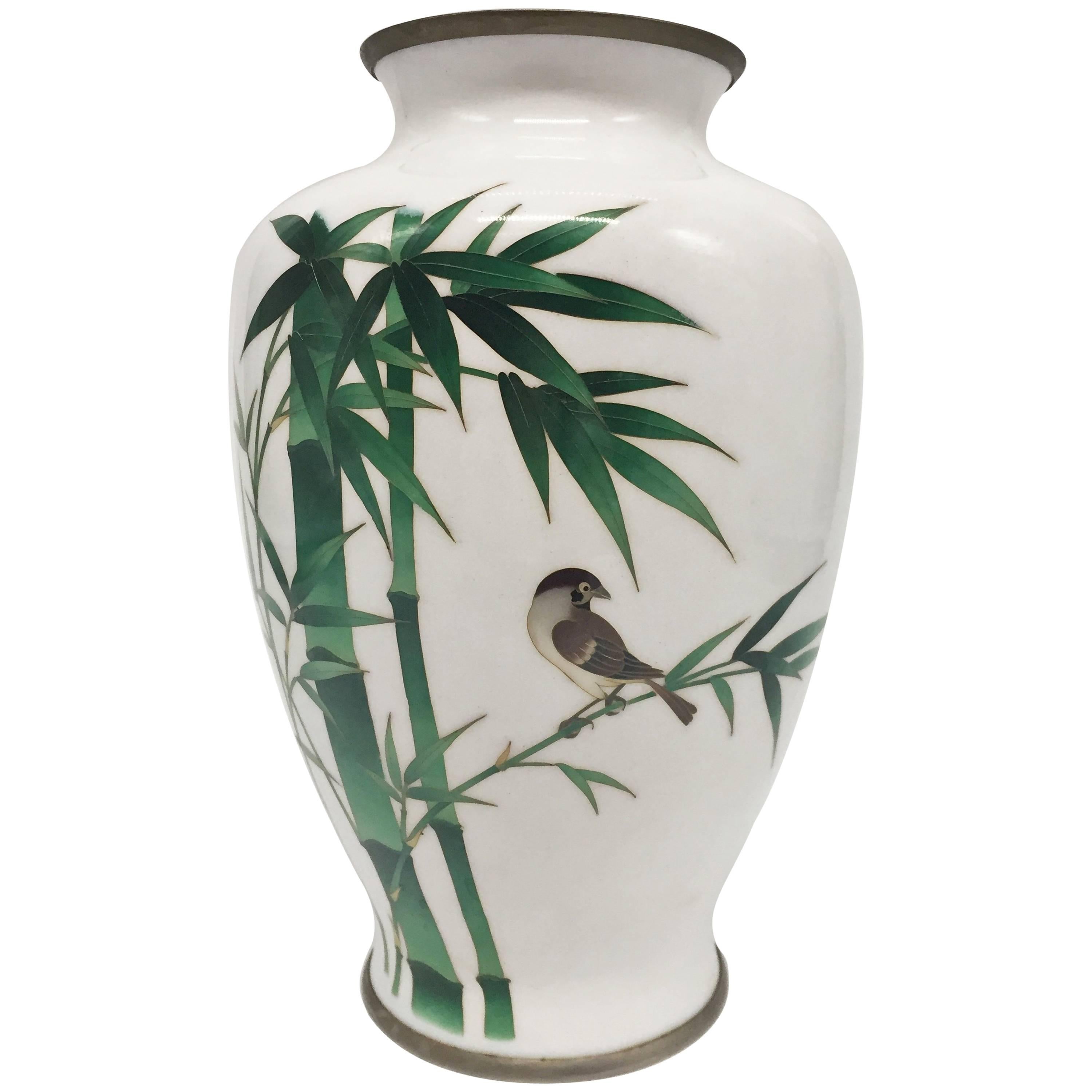 Ando Jubei Cloisonne Vase, Signed, Japanese Cloisonne, Bamboo and Bird