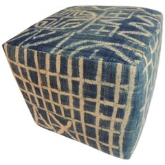 African Blue and Natural Vintage Ndop Textile Upholstered Square Ottoman