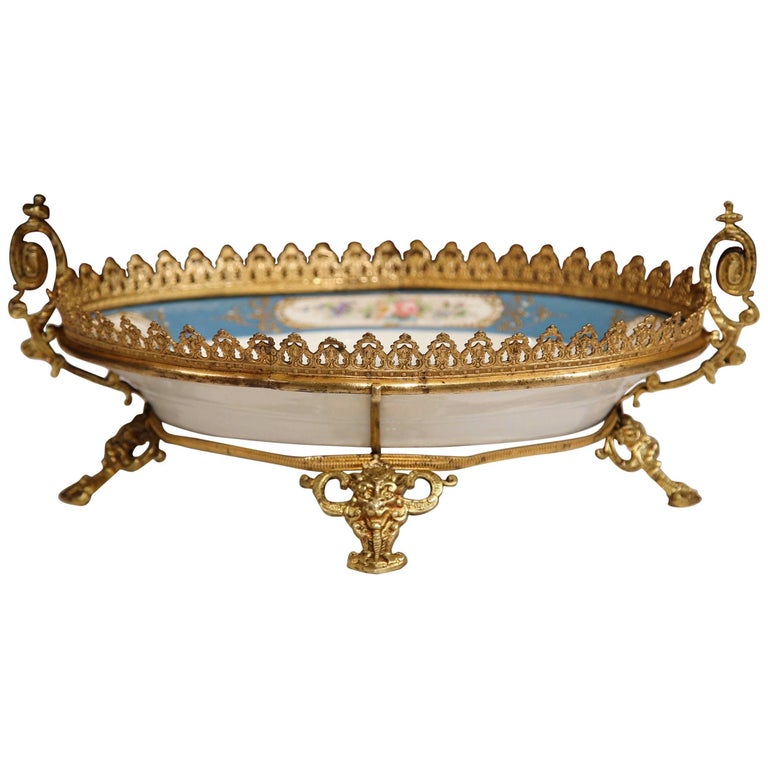19th Century French HandPainted Oval Porcelain Sèvres Tray with Bronze