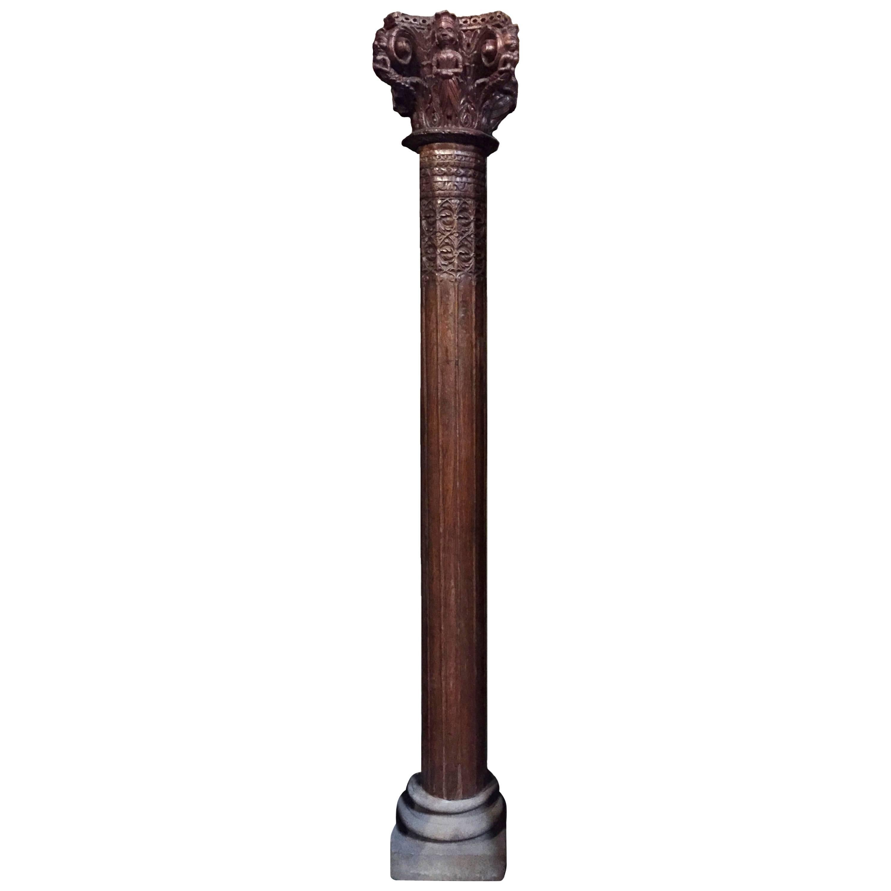 British Colonial Carved Teak Column with Granite Base For Sale