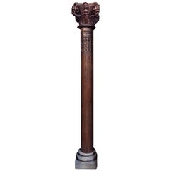 British Colonial Carved Teak Column with Granite Base, British Indian
