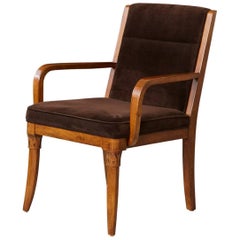 Chocolate Brown Velvet Armchair with Carved and Tapered Legs