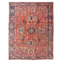 Used Persian Medallion Serapi Rug With Red Background and Blue Border