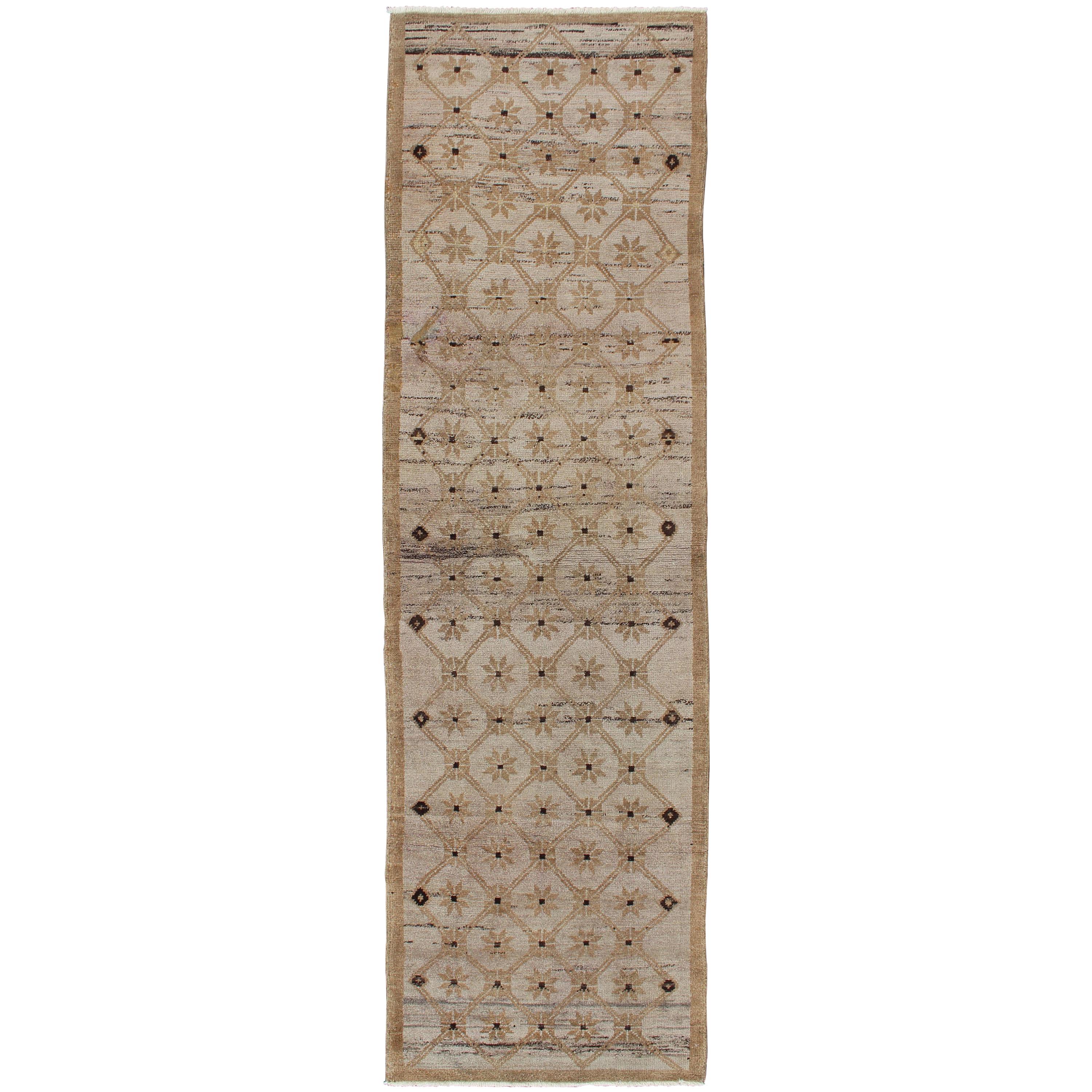 Unique Turkish Vintage Runner with Latticework Design in Taupe, Cream and Khaki For Sale