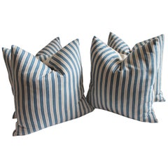 Vintage Blue and White Ticking Pillows, Pair