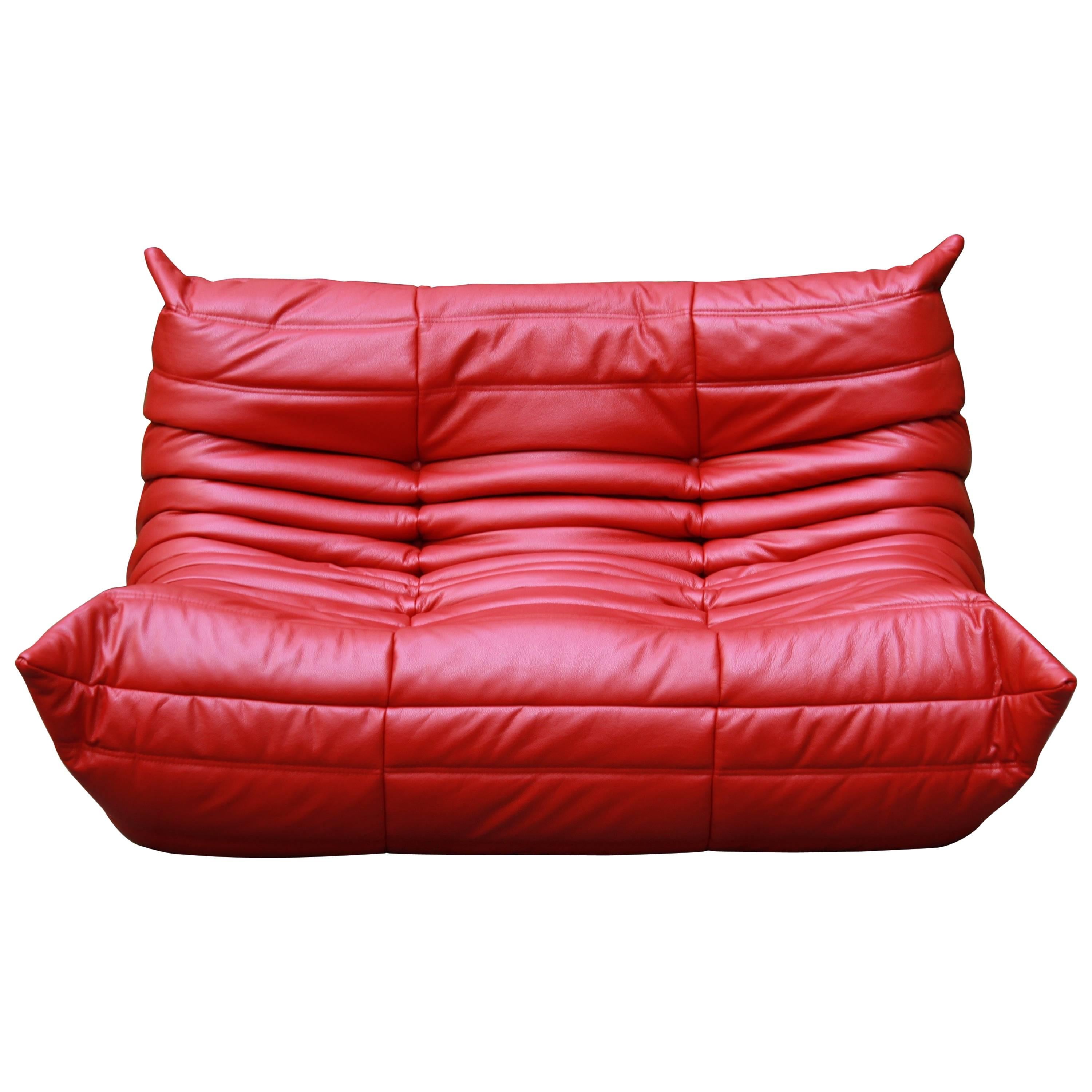 Red Leather Two-Seat Togo Sofa by Michel Ducaroy for Ligne Roset