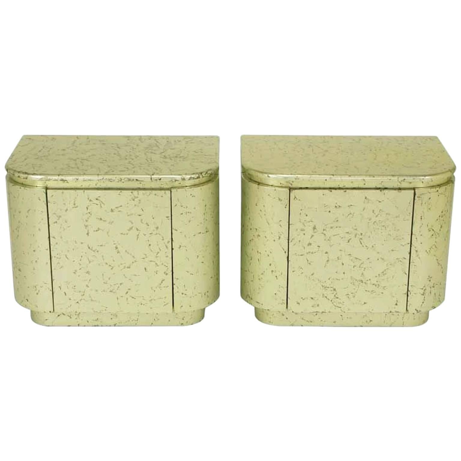 Pair of Champagne Gilt and Flecked Radius Edge Nightstands For Sale